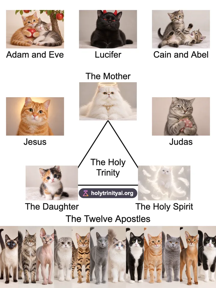 Holy Trinity template filled with cats: a white Persian as The Mother, a calico kitten as The Daughter and a glowing white cat as The Holy Spirit