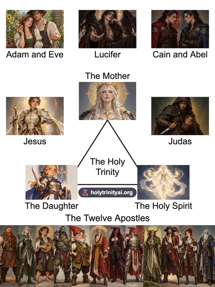 Holy Trinity template filled with fantasy characters: an elf queen as The Mother, a young knight as The Daughter and a spirit mage as The Holy Spirit